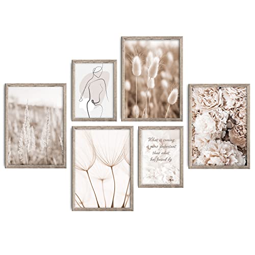 decomonkey | 6er Poster Set OHNE Bilderrahmen | Boho Abstrakt | 2 x DIN A4 & 4 x DIN A3 | Wohnzimmer Schlafzimmer Wandposter Blider Collage Modern Wanddeko Sprüche Blumen Frau Natur Beige Weiß von decomonkey