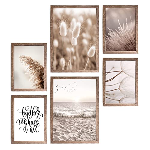 decomonkey | 6er Poster Set OHNE Bilderrahmen | Boho Abstrakt | 4 x DIN A4 & 2 x DIN A3 | Wohnzimmer Schlafzimmer Wandposter Blider Collage Modern Wanddeko Natur Lanschaft Meer Pflanzen Beige von decomonkey