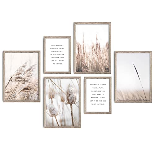 decomonkey | 6er Poster Set mit hellbraunem Rahmen | Boho Abstrakt | 2 x DIN A4 & 4 x DIN A3 | Wohnzimmer Schlafzimmer Wandposter Blider Collage Modern Wanddeko Sprüche Natur Pflanzen Vintage Beige von decomonkey
