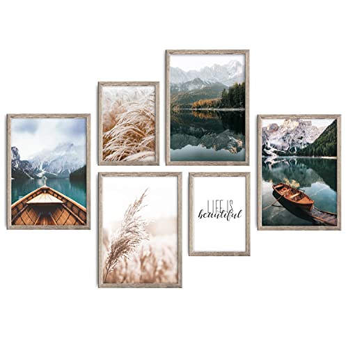 decomonkey | 6er Poster Set mit schwarzem Rahmen | Natur Landschaft | 2 x DIN A4 & 4 x DIN A3 | Wohnzimmer Schlafzimmer Wandposter Blider Collage Modern Wanddeko See Wald Sprüche Pflanzen Berge von decomonkey