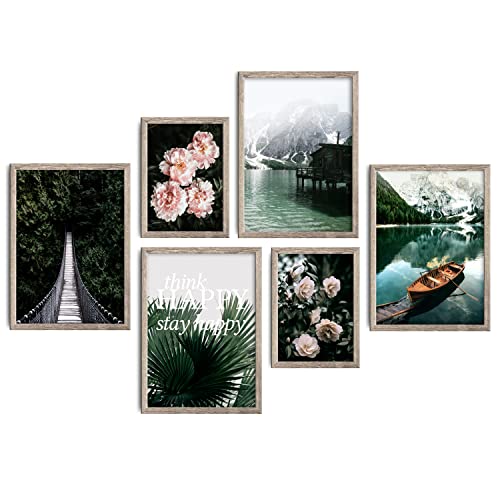 decomonkey | 6er Poster Set mit hellbraunem Rahmen | Natur Pflanzen | 2 x DIN A4 & 4 x DIN A3 | Wohnzimmer Schlafzimmer Wandposter Blider Collage Modern Wanddeko Grün See Berge Wald Blumen Sprüche von decomonkey