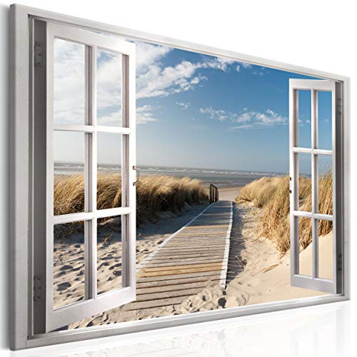 decomonkey Akustikbild Fensterblick 120x80 cm 1 Teilig Leinwand Modern Bilder Wandbilder XXL Schallschlucker Schallschutz Akustikdämmung Wandbild Deko Leise Fenster Meer Strand Himmel von decomonkey