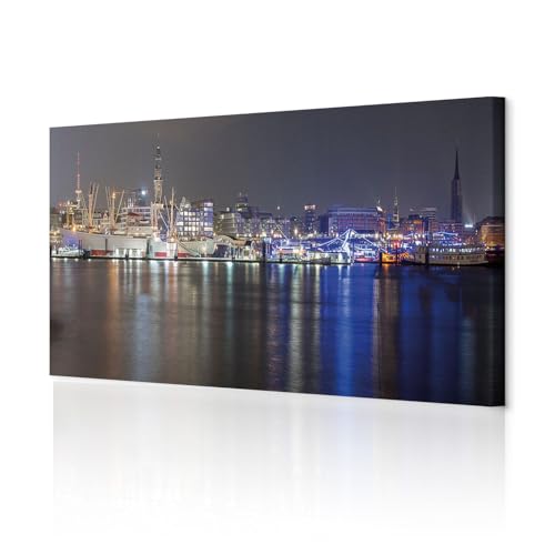 decomonkey Akustikbild Hamburg Stadt 135x45 cm XXL 1 Teilig Leinwand Modern Bilder Wandbilder XXL Schallschlucker Schallschutz Akustikdämmung Wandbild Deko Leise Panorama Nachtlicht city von decomonkey