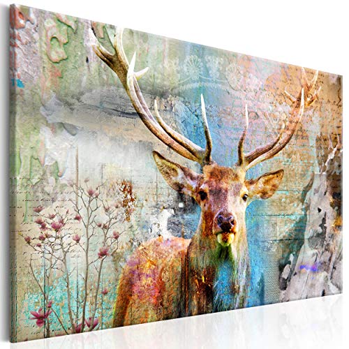 decomonkey Akustikbild Hirsch 120x80 cm 1 Teilig Leinwand Modern Bilder Wandbilder XXL Schallschlucker Schallschutz Akustikdämmung Wandbild Deko Leise Vintage Tiere Hirsche Blumen Holz Aufschrift von decomonkey