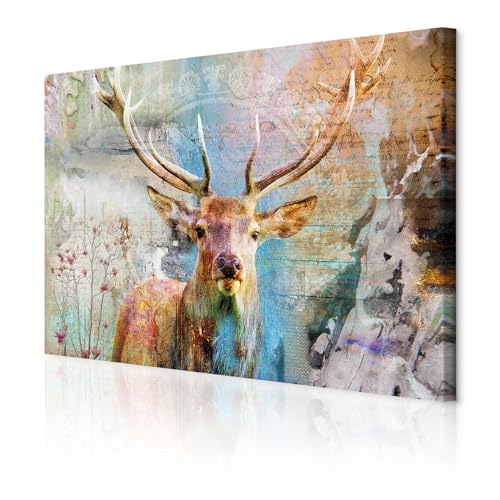 decomonkey Akustikbild Hirsch 120x80 cm 1 Teilig Leinwand Modern Bilder Wandbilder XXL Schallschlucker Schallschutz Akustikdämmung Wandbild Deko Leise Vintage Tiere Hirsche Blumen Holz Aufschrift von decomonkey