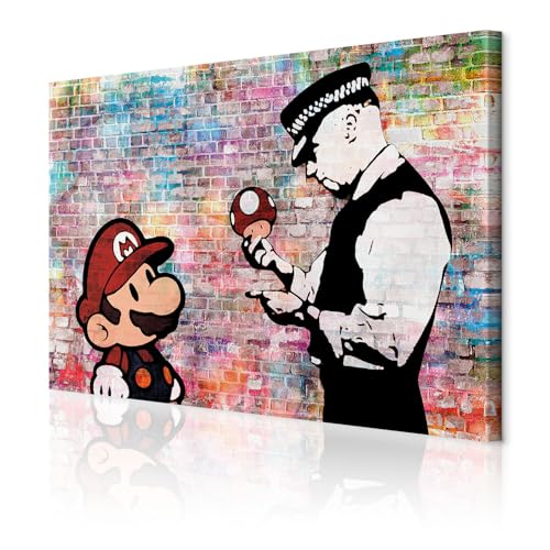 decomonkey Akustikbild Mario and Cop Banksy 120x80 cm 1 Teilig Leinwand Modern Bilder Wandbilder XXL Schallschlucker Schallschutz Akustikdämmung Wandbild Deko Leise Street Art Ziegel von decomonkey