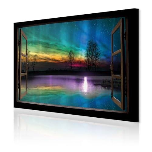 decomonkey Akustikbild Polarlicht Fensterblick 120x80 cm 1 Teilig Leinwand Modern Bilder Wandbilder XXL Schallschlucker Schallschutz Akustikdämmung Wandbild Deko Leise Fenster Natur von decomonkey