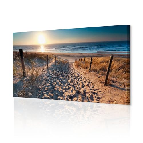 decomonkey Akustikbild Strand Sonnenuntergang 120x40 cm 1 Teilig Leinwand Modern Bilder Wandbilder XXL Schallschlucker Schallschutz Akustikdämmung Wandbild Deko Leise Meer Natur Landschaft von decomonkey
