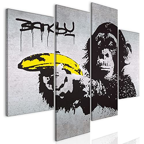 decomonkey Bilder Banksy Affe 126x98 cm 4 Teilig Leinwand Bilder Bild auf Leinwand Vlies Wandbild Kunstdruck Wanddeko Wand Wohnzimmer Wanddekoration Deko Art Street Mit Banane von decomonkey