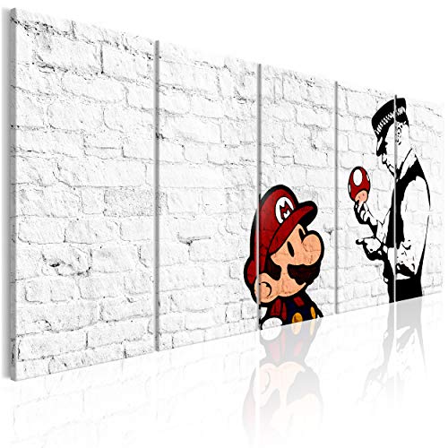 decomonkey Bilder Banksy Mario 200x80 cm XXL 5 Teilig Leinwandbilder Bild auf Leinwand Wandbild Kunstdruck Wanddeko Wand Wohnzimmer Wanddekoration Deko Street Art Ziegel von decomonkey