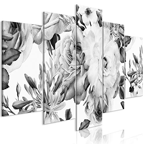 decomonkey Bilder Blumen 150x75 cm 5 Teilig Leinwandbilder Bild auf Leinwand Wandbild Kunstdruck Wanddeko Wand Wohnzimmer Wanddekoration Deko Rose schwarz-weiß von decomonkey