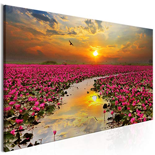 decomonkey Bilder Blumen Lilie 100x45 cm Leinwandbilder Bild auf Leinwand Vlies Wandbild Kunstdruck Wanddeko Wand Wohnzimmer Wanddekoration Sonnenuntergang Landschaft Wasser Himmel Rosa Orange von decomonkey