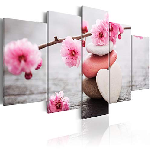 decomonkey Bilder Blumen Spa 150x75 cm 5 Teilig Leinwandbilder Bild auf Leinwand Wandbild Kunstdruck Wanddeko Wand Wohnzimmer Wanddekoration Deko Zen Stein Herz rose grau von decomonkey