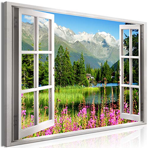 decomonkey Bilder Fensterblick Landschaft 120x80 cm 1 Teilig Leinwandbilder Bild auf Leinwand Vlies Wandbild Kunstdruck Wanddeko Wand Wohnzimmer Wanddekoration Deko Berge Natur von decomonkey