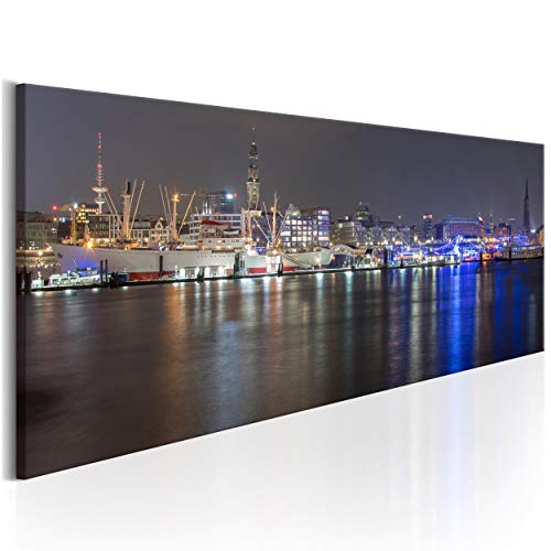 decomonkey Bilder Hamburg Stadt 135x45 cm XXL 1 Teilig Leinwandbilder Bild auf Leinwand Vlies Wandbild Kunstdruck Wanddeko Wand Wohnzimmer Wanddekoration Deko Panorama Nachtlicht city von decomonkey