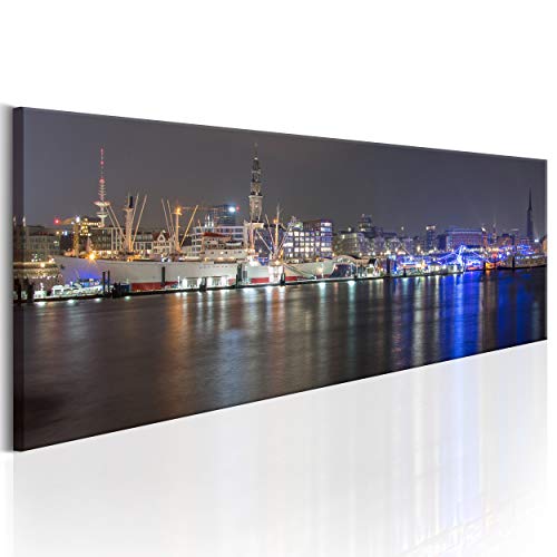 decomonkey Bilder Hamburg Stadt 150x45 cm XXL 1 Teilig Leinwandbilder Bild auf Leinwand Vlies Wandbild Kunstdruck Wanddeko Wand Wohnzimmer Wanddekoration Deko Panorama Nachtlicht city von decomonkey