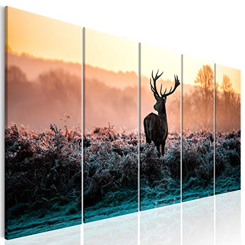 decomonkey Bilder Hirsch 100x40 cm 5 Teilig Leinwandbilder Bild auf Leinwand Wandbild Kunstdruck Wanddeko Wand Wohnzimmer Wanddekoration Deko Tiere Sonne Natur Landschaft von decomonkey