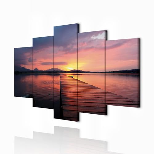 decomonkey Bilder Landschaft 225x112.5 cm XXL 5 Teilig Leinwandbilder Bild auf Leinwand Wandbild Kunstdruck Wanddeko Wand Wohnzimmer Wanddekoration Deko Sonnenuntergang Natur von decomonkey