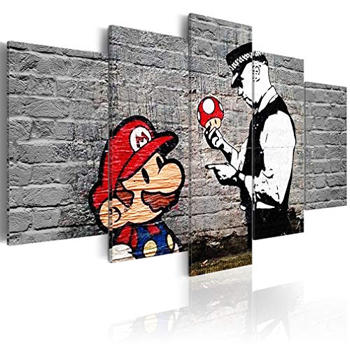 decomonkey Bilder Mario Banksy 100x50 cm 5 Teilig Leinwandbilder Bild auf Leinwand Wandbild Kunstdruck Wanddeko Wand Wohnzimmer Wanddekoration Deko Street Art Ziegel von decomonkey