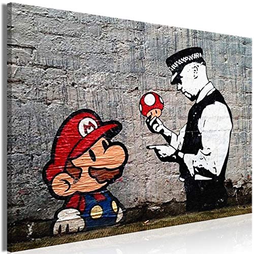 decomonkey Bilder Mario and Cop Banksy 120x80 cm 1 Teilig Leinwandbilder Bild auf Leinwand Vlies Wandbild Kunstdruck Wanddeko Wand Wohnzimmer Wanddekoration Deko Street Art Ziegel von decomonkey