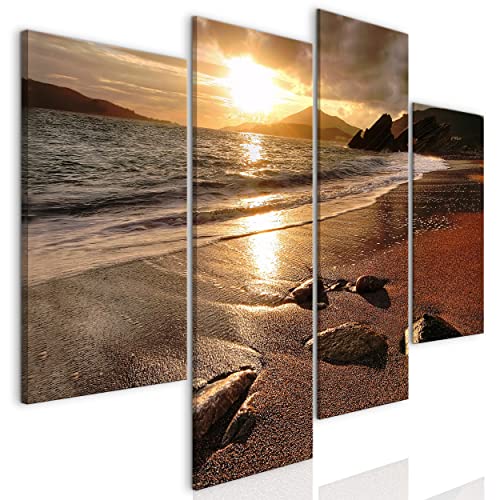 decomonkey Bilder Meer Sonnenuntergang 126x98 cm 4 Teilig Leinwandbilder Bild auf Leinwand Vlies Wandbild Kunstdruck Wanddeko Wand Wohnzimmer Wanddekoration Deko Haus Natur Strand Berge Orange Braun von decomonkey