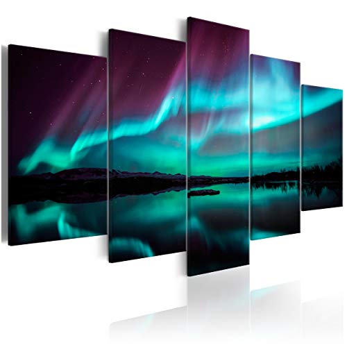 decomonkey Bilder Polarlicht 200x100 cm 5 Teilig Leinwandbilder Bild auf Leinwand Wandbild Kunstdruck Wanddeko Wand Wohnzimmer Wanddekoration Deko Landschaft Nordlicht schwarz blau türkis von decomonkey