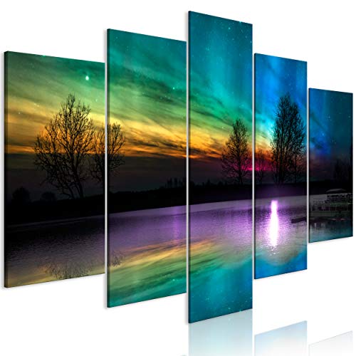 decomonkey Bilder Polarlicht 225x112.5 cm 5 Teilig Leinwandbilder Bild auf Leinwand Wandbild Kunstdruck Wanddeko Wand Wohnzimmer Wanddekoration Deko Landschaft Nordlicht Natur von decomonkey