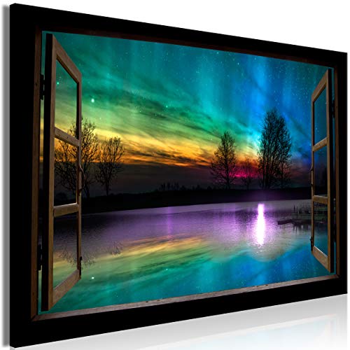 decomonkey Bilder Polarlicht Fensterblick 60x40 cm 1 Teilig Leinwandbilder Bild auf Leinwand Vlies Wandbild Kunstdruck Wanddeko Wand Wohnzimmer Wanddekoration Deko Fenster Natur von decomonkey