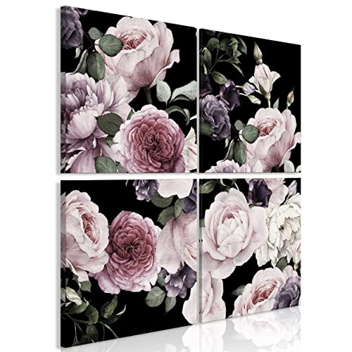 decomonkey Bilder Rosen 4 Teilig- jedes Teil 20x20 cm Leinwandbilder Bild auf Leinwand Vlies Wandbild Kunstdruck Wanddeko Wand Wohnzimmer Wanddekoration Deko Modern Blumen Natur Pflanzen Kunst schwarz von decomonkey