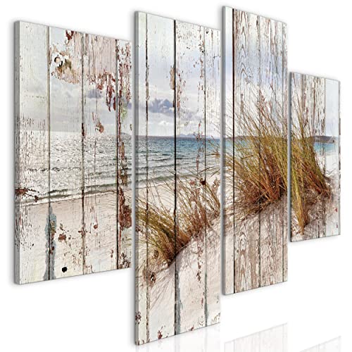 decomonkey Bilder Strand Holz 126x98 cm 4 Teilig Leinwandbilder Bild auf Leinwand Wandbild Kunstdruck Wanddeko Wand Wohnzimmer Wanddekoration Deko Landschaft Meer von decomonkey