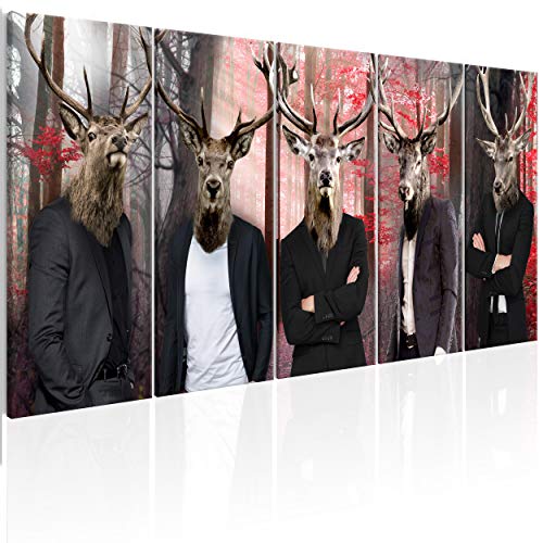 decomonkey Bilder Tiere 200x80 cm 5 Teilig Leinwandbilder Bild auf Leinwand Wandbild Kunstdruck Wanddeko Wand Wohnzimmer Wanddekoration Deko Hirsch Wald von decomonkey