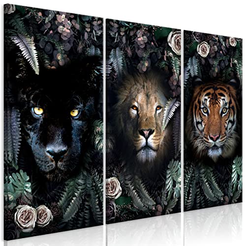 decomonkey Bilder Tiere Abstrakt 60x40 cm 3 Teilig Wandbild Groß Leinwandbild XXL Deko Wohnzimmer Schlafzimmer Büro Wanddeko Leinwand Pictures For Wall Poster Modern Löwe Tiger Blumen Laub Rosen grün von decomonkey