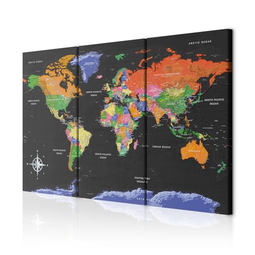 decomonkey Bilder Weltkarte 120x80 cm 3 Teilig Wandbild Groß Leinwandbild XXL Deko Wohnzimmer Schlafzimmer Büro Wanddeko Leinwand Pictures For Wall Poster Welt Karte Landkarte Kontinente bunt [Poster] von decomonkey