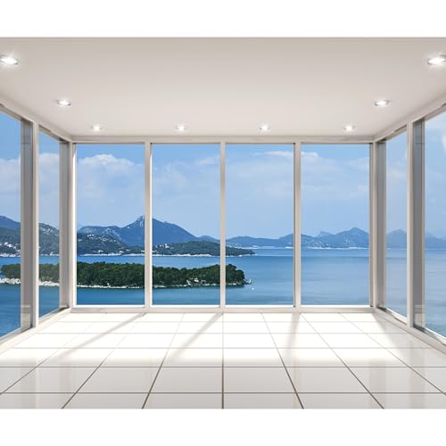 decomonkey Fototapete Fenster zum Meer 400x280 cm XXL Design Tapete Fototapeten Vlies Tapeten Vliestapete Wandtapete moderne Wand Schlafzimmer Wohnzimmer Landschaft Natur Fensterblick von decomonkey