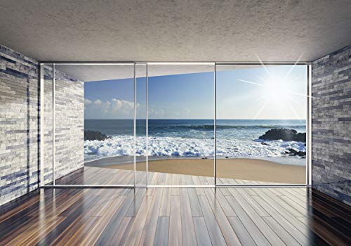 decomonkey Fototapete Fenster zum Meer Strand 300x210 cm XXL Design Tapete Fototapeten Vlies Tapeten Vliestapete Wandtapete moderne Wand Schlafzimmer Wohnzimmer Landschaft von decomonkey