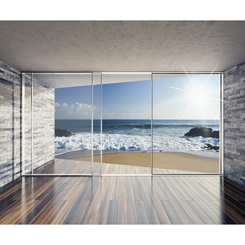 decomonkey Fototapete Fenster zum Meer Strand 400x280 cm XXL Design Tapete Fototapeten Vlies Tapeten Vliestapete Wandtapete moderne Wand Schlafzimmer Wohnzimmer Landschaft von decomonkey