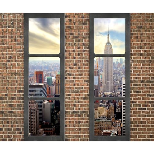 decomonkey Fototapete New York 350x256 cm XL Tapete Wandbild Wandbild Bild Fototapeten Tapeten Wandtapete Wandtapete Skyline Stadt Ziegel Muster Ziegelmauer Fenster von decomonkey