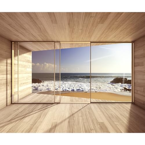 decomonkey Fototapete Fenster zum Meer Strand 400x280 cm Design Tapete Fototapeten Vlies Tapeten Vliestapete Wandtapete moderne Wand Schlafzimmer Wohnzimmer Landschaft Sonne von decomonkey