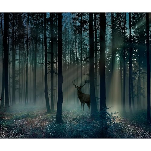 decomonkey Fototapete Wald Natur150x105 cm Design Tapete Fototapeten Vlies Tapeten Vliestapete Wandtapete moderne Wand Schlafzimmer Wohnzimmer Hirsch Baum von decomonkey