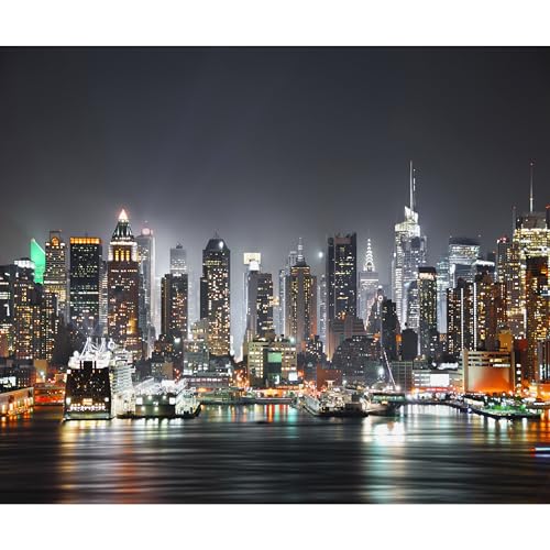 decomonkey Fototapete selbstklebend New York Stadt City 343x256 cm XXL Selbstklebende Tapeten Wand Fototapeten Tapete Wandtapete klebend Klebefolie Wolkenkratzer Nacht schwarz von decomonkey