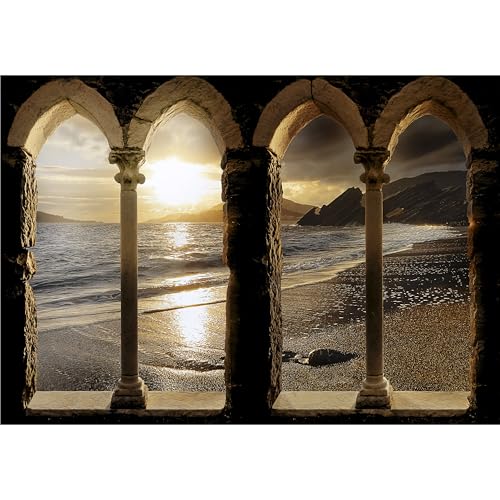 decomonkey Fototapete selbstklebend Strand Meer Landschaft 294x210 cm XL Selbstklebende Tapeten Wand Fototapeten Tapete Wandtapete klebend Klebefolie Sonnenuntergang Architektur von decomonkey