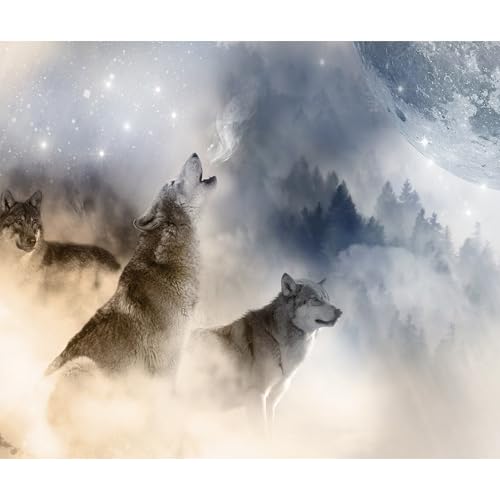 decomonkey Fototapete selbstklebend Tiere Wolf 343x256 cm XL Selbstklebende Tapeten Wand Fototapeten Tapete Wandtapete klebend Klebefolie Mond Wald Abstrakt von decomonkey