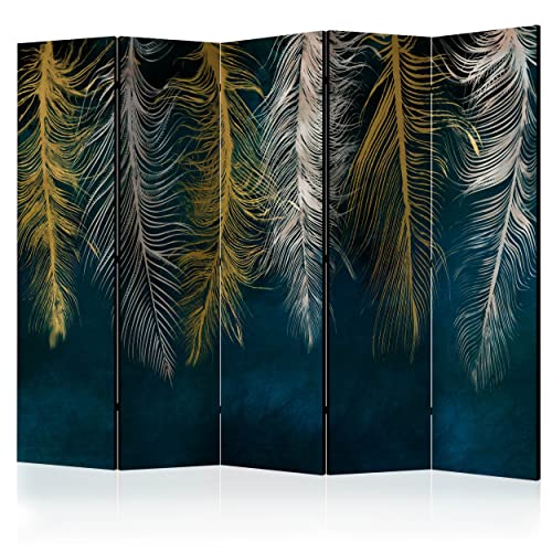 decomonkey Paravent Raumteiler Innen Abstrakt 225x172 cm 5 Teilig Beidseitig Room Divider Wall Raumteiler Stehend Trennwand Sichtschutz Spanische Wand Sichtschutzwand Wohnzimmer Holz Feder Gefieder von decomonkey