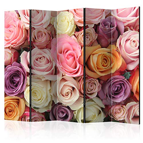 decomonkey Paravent Raumteiler Innen Blumen 225x172 cm 5 Teilig Beidseitig Room Divider Wall Raumteiler Stehend Trennwand Sichtschutz Spanische Wand Sichtschutzwand Wohnzimmer Holz Rose Natur von decomonkey