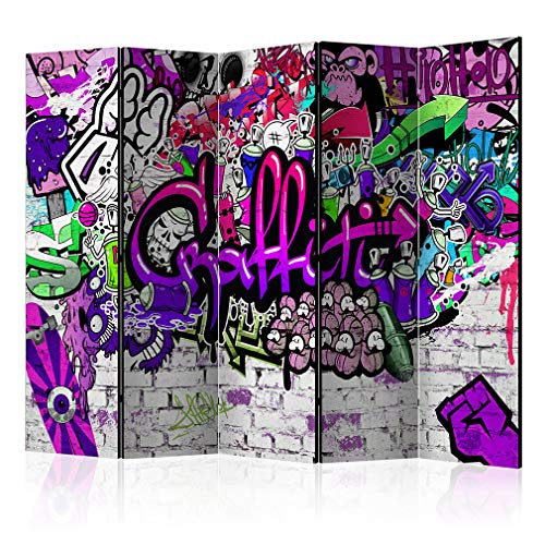 decomonkey Paravent Raumteiler Innen Graffiti 225x172 cm 5 Teilig Einseitig Room Divider Wall Raumteiler Stehend Trennwand Sichtschutz Spanische Wand Sichtschutzwand Wohnzimmer Holz Ziegel von decomonkey