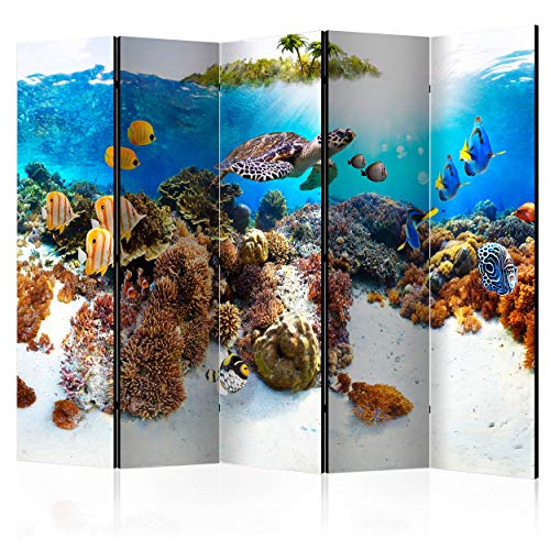 decomonkey Paravent Raumteiler Innen Korallenriff 225x172 cm 5 Teilig Einseitig Room Divider Wall Raumteiler Stehend Trennwand Sichtschutz Spanische Wand Sichtschutzwand Wohnzimmer Holz Meer Fisch von decomonkey