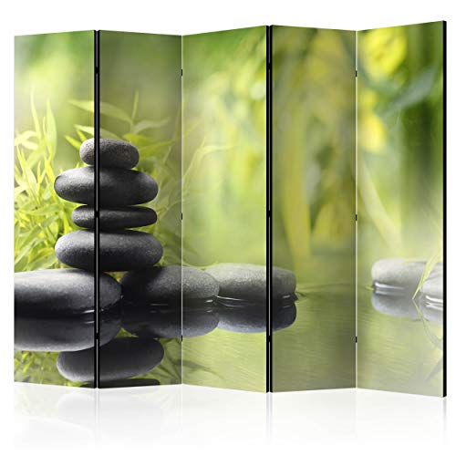 decomonkey Paravent Raumteiler Innen Spa Zen 225x172 cm 5 Teilig Beidseitig Room Divider Wall Raumteiler Stehend Trennwand Sichtschutz Spanische Wand Sichtschutzwand Wohnzimmer Holz Pflanzen Stein von decomonkey
