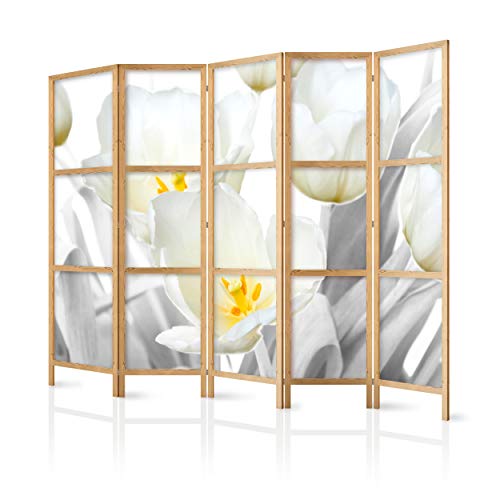 decomonkey Paravent Raumteiler Innen WeiÃŸ Blumen 225x171 cm 5 Teilig Room Divider Wall Raumteiler Stehend Trennwand Sichtschutz Spanische Wand Sichtschutzwand Wohnzimmer Holz Spa Zen Modern von decomonkey