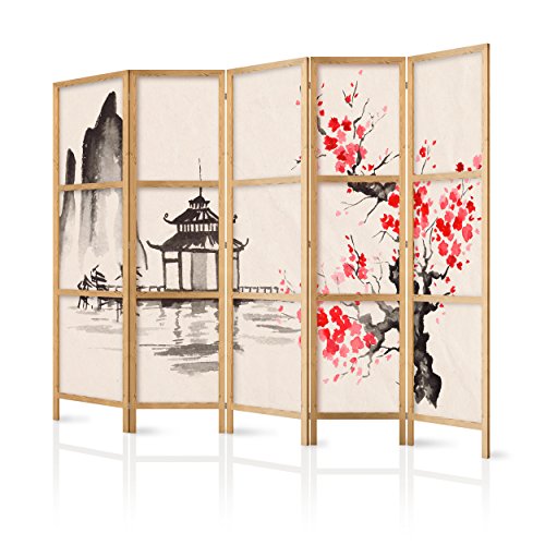 decomonkey Paravent Raumteiler Innen Landschaft Gebirge Baum 225x171 cm 5 Teilig Room Divider Wall Raumteiler Stehend Trennwand Sichtschutz Spanische Wand Sichtschutzwand Wohnzimmer Holz Spa Zen von decomonkey