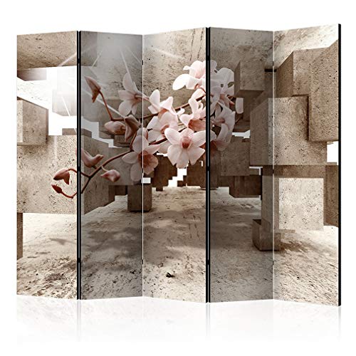 decomonkey Paravent Raumteiler Innen Blumen 225x172 cm 5 Teilig Einseitig Room Divider Wall Raumteiler Stehend Trennwand Sichtschutz Spanische Wand Sichtschutzwand Wohnzimmer Holz Beton von decomonkey